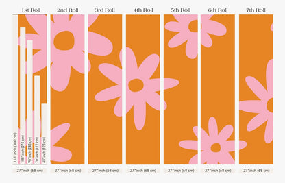 The image is a collage of six images, each depicting a large pink flower against an orange background. The images vary in size, ranging from 27 inches to 48 inches in height. The images are arranged in a grid format, with each row representing a different size of flower and each column representing a different row of flowers. The image does not contain any text, and the relative positions of the flowers and their sizes are consistent throughout the collage.
