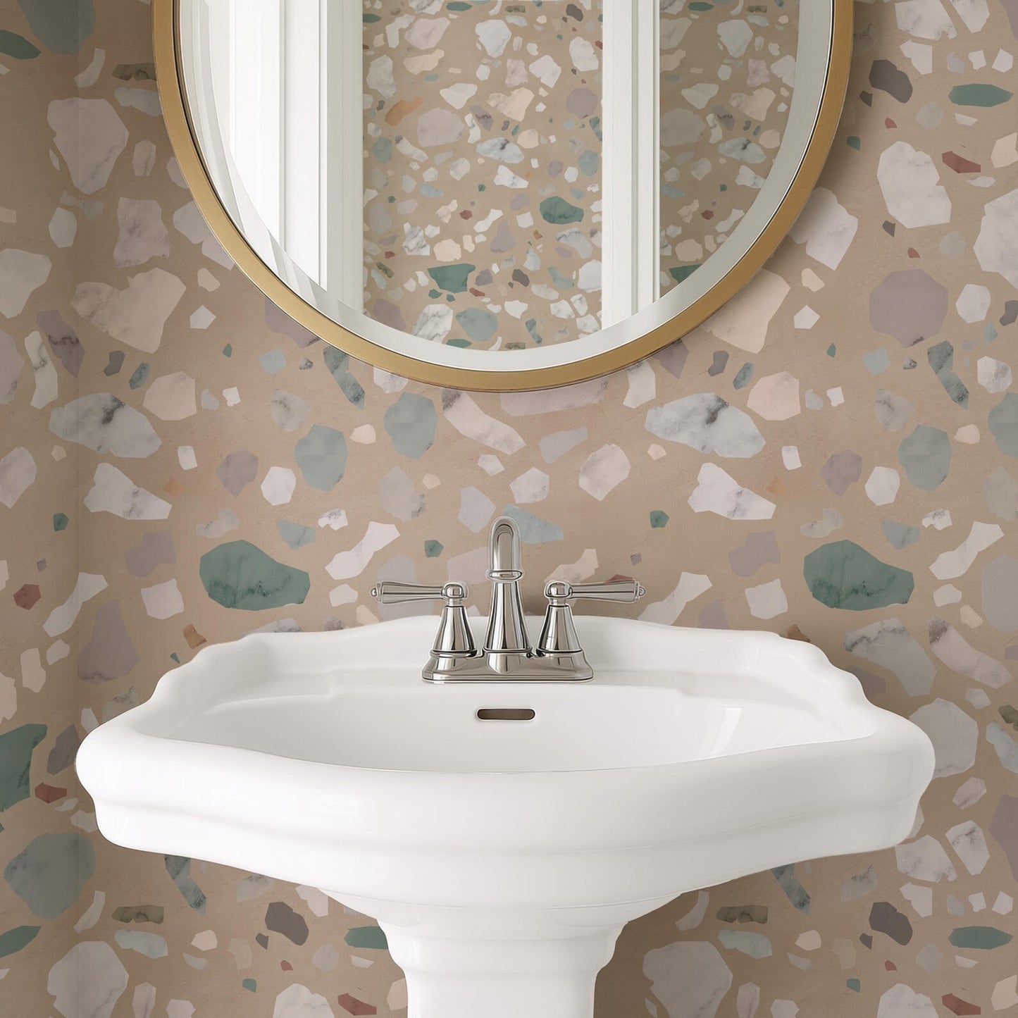 a bathroom with a white pedestal sink and a round mirror above it. The walls are covered in a patterned tile design, creating a visually interesting and modern aesthetic.