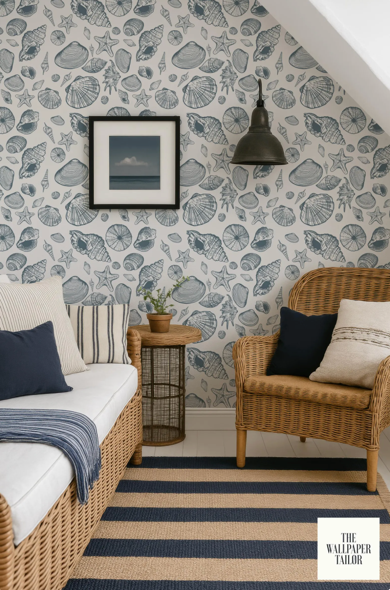 a cozy living room with a wicker chair, a striped rug, and a framed picture on the wall. The wall is covered in a patterned wallpaper with various seashells and starfish designs.