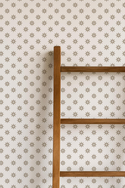 a wooden ladder against a wall with a repeating star pattern.
