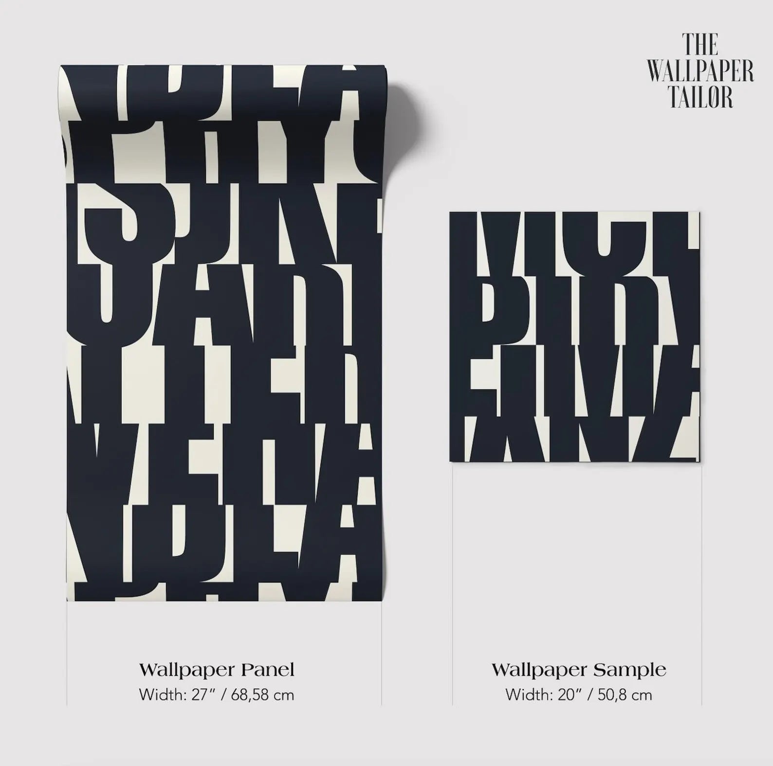 two wallpaper samples with a large, bold font. The text in the image is too extensive to describe individually, but it is clear that the samples are from "The Wallpaper Tailor" and are of different sizes.