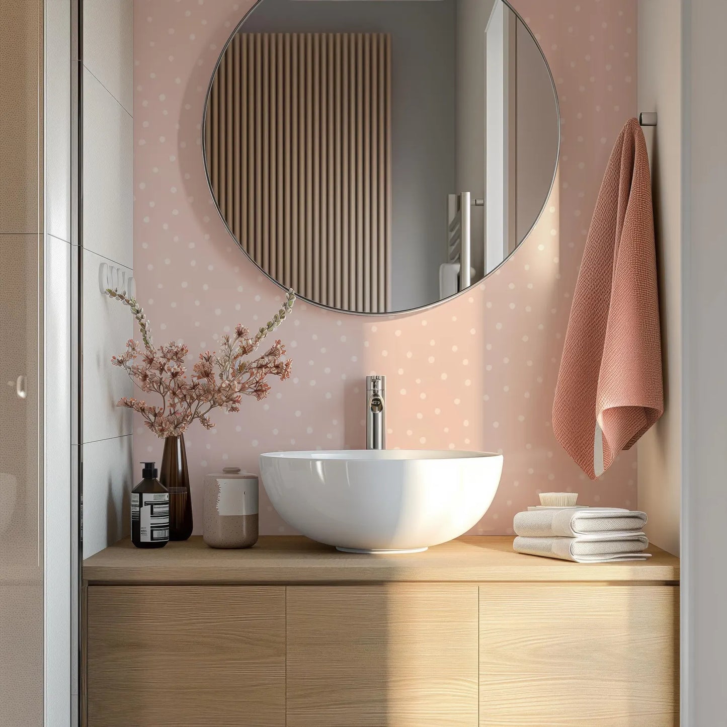 a bathroom with a white sink, a round mirror, and a wooden vanity. The bathroom has a pink and white color scheme, and there are some decorative elements such as a vase of flowers and a folded towel.