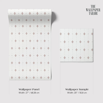 two different sizes of a wallpaper panel and a wallpaper sample, both with a repeating pattern of small red dots on a white background.
