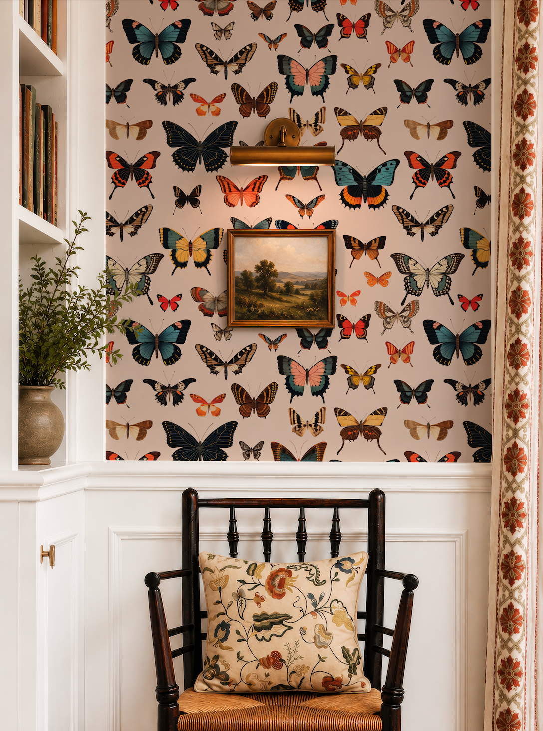 a room with a wallpapered wall adorned with a variety of colorful butterflies. A wooden chair with a floral pillow is positioned in front of the wall, and a small plant is placed on a shelf to the left of the chair.