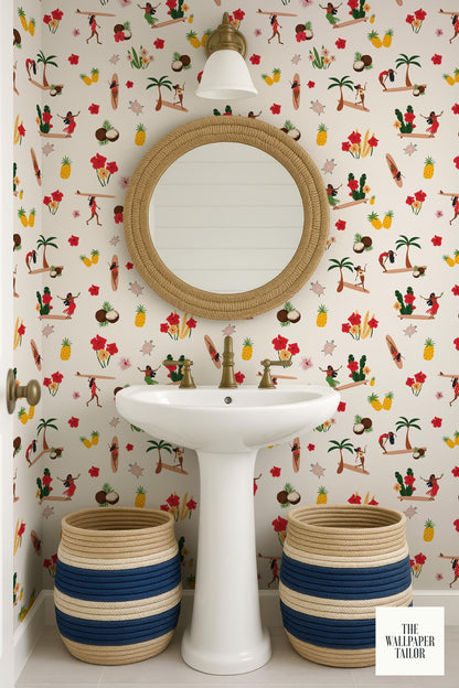 a bathroom with a white pedestal sink, a round mirror, and two woven baskets. The walls are covered in a vibrant, tropical-themed wallpaper with various illustrations of people, animals, and objects.