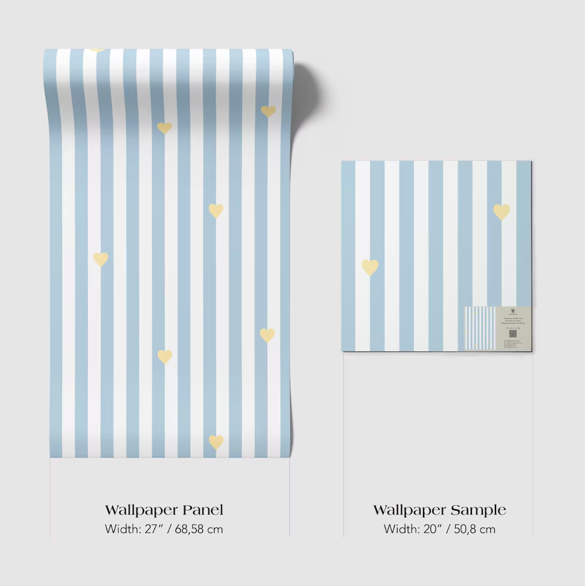 two different sizes of a wallpaper panel with a striped pattern and small yellow hearts. The larger panel is wider than the smaller one, with a width of 27 inches (68.58 cm) and a height of 50 inches (80.8 cm).