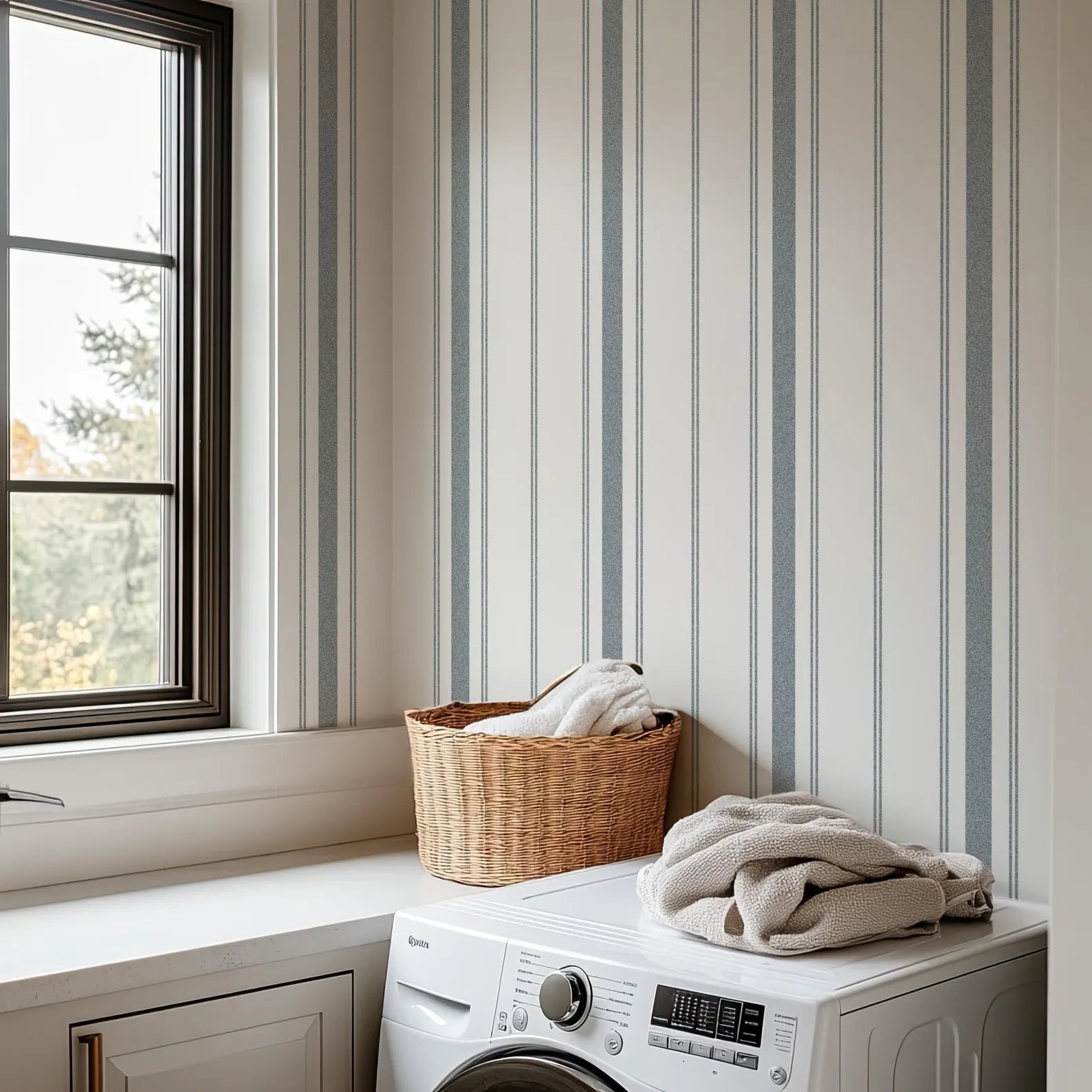 a laundry room with a white washing machine, a basket of folded towels, and a window overlooking a natural outdoor scene.