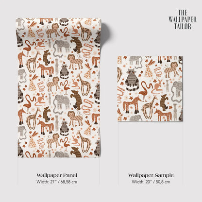 a wallpaper panel and a wallpaper sample with a repeating pattern of various animals, including elephants, giraffes, and zebras, against a white background.