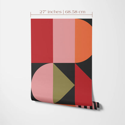 a colorful geometric pattern with various shapes and colors, including red, pink, orange, black, and green.