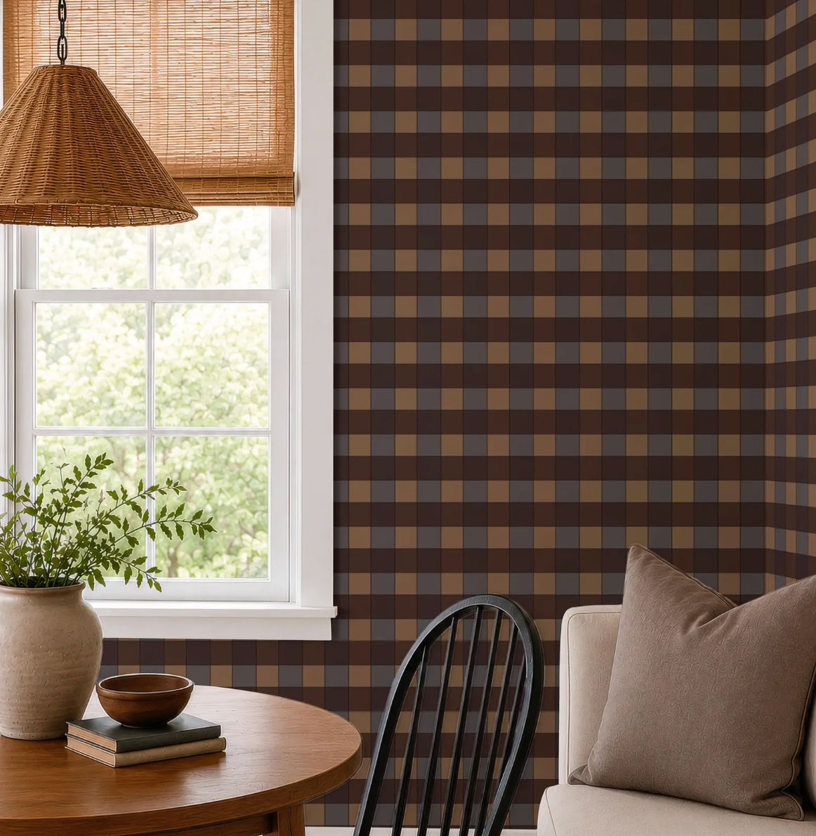 a cozy living room with a brown and black checkered wallpaper, a wicker lamp shade, a round wooden table with a plant and a bowl, and a black chair.
