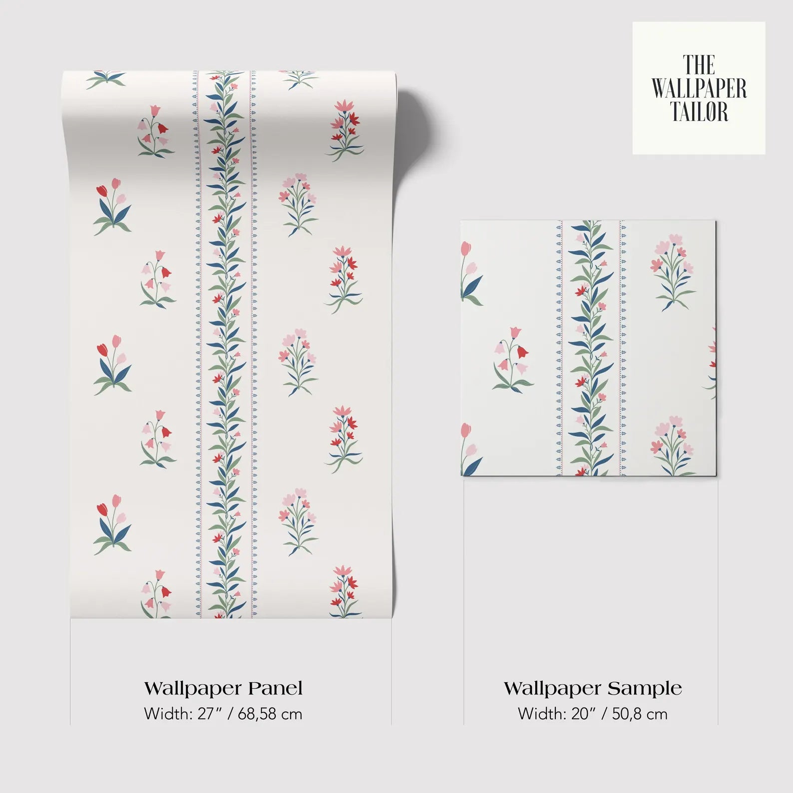 two identical floral wallpaper panels with a repeating pattern of red and green flowers. The text provides the dimensions of the wallpaper panels and a sample of the same wallpaper.