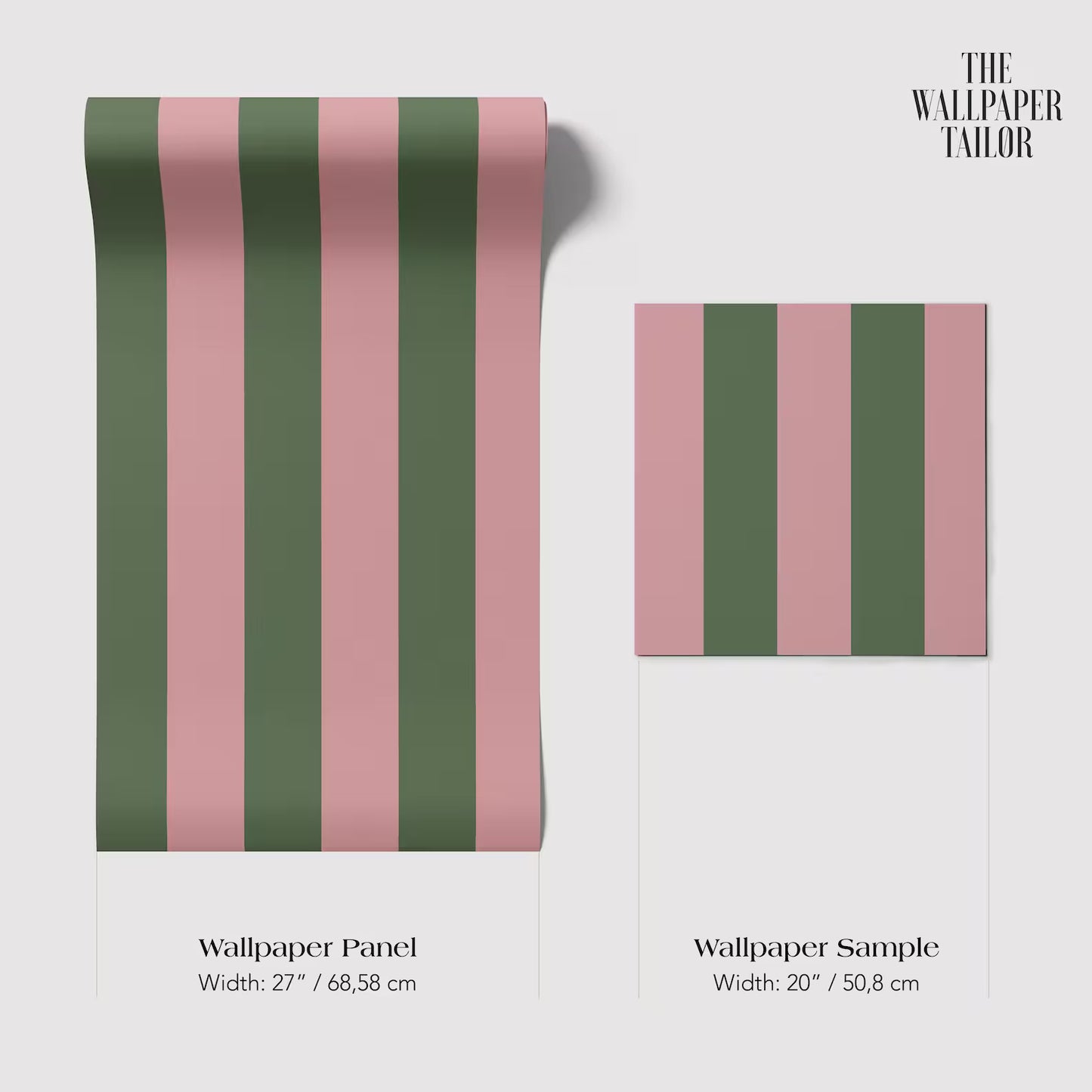 two different wallpaper panels with a striped pattern in shades of green and pink. The text provides the dimensions of the wallpaper panels in centimeters.