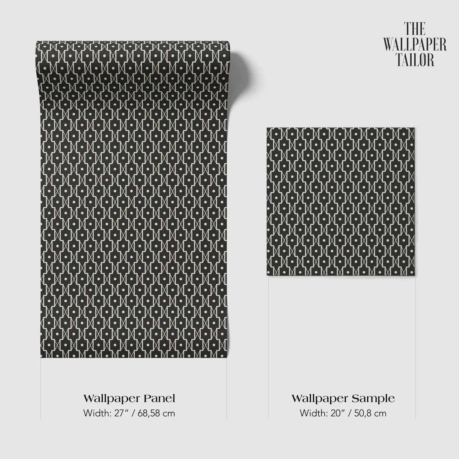 two different sizes of a black and white patterned wallpaper panel and a smaller square wallpaper sample. The wallpaper panel is wider at 27 inches (68.58 cm) and the smaller square wallpaper sample is wider at 20 inches (50.08 cm).