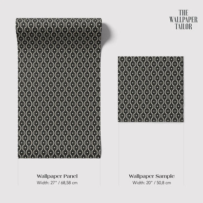 two different sizes of a black and white patterned wallpaper panel and a smaller square wallpaper sample. The wallpaper panel is wider at 27 inches (68.58 cm) and the smaller square wallpaper sample is wider at 20 inches (50.08 cm).