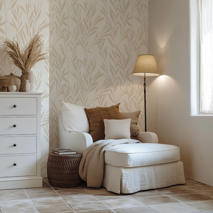 a cozy and inviting living room with a comfortable armchair, a side table, and a floor lamp providing warm lighting. The room has a neutral color palette with a beige and white color scheme, creating a serene and relaxing atmosphere.