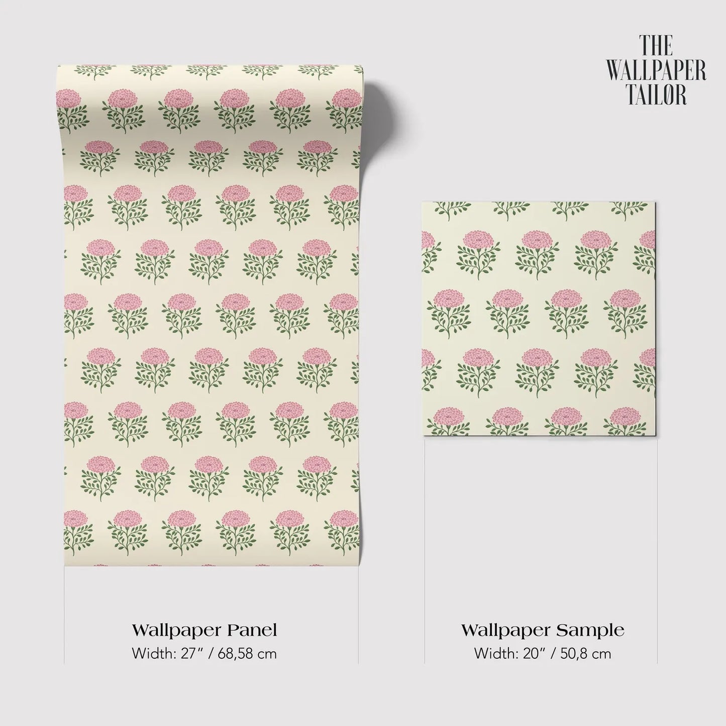 two identical rolls of wallpaper with a repeating floral pattern in shades of pink and green. The rolls are labeled as "Wallpaper Panel" and "Wallpaper Sample" and are described in terms of their width, with one roll being wider at 27 inches and the other at 20 inches.