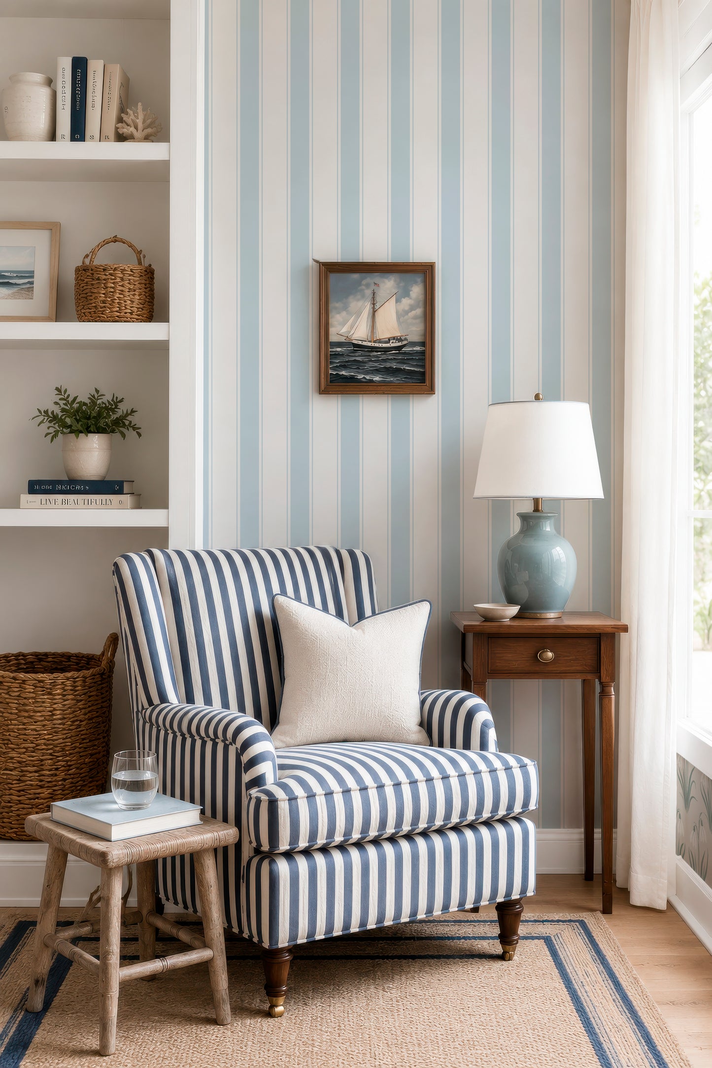 a cozy living room with a striped armchair, a wooden side table with a lamp, and a bookshelf filled with books and decorative items.