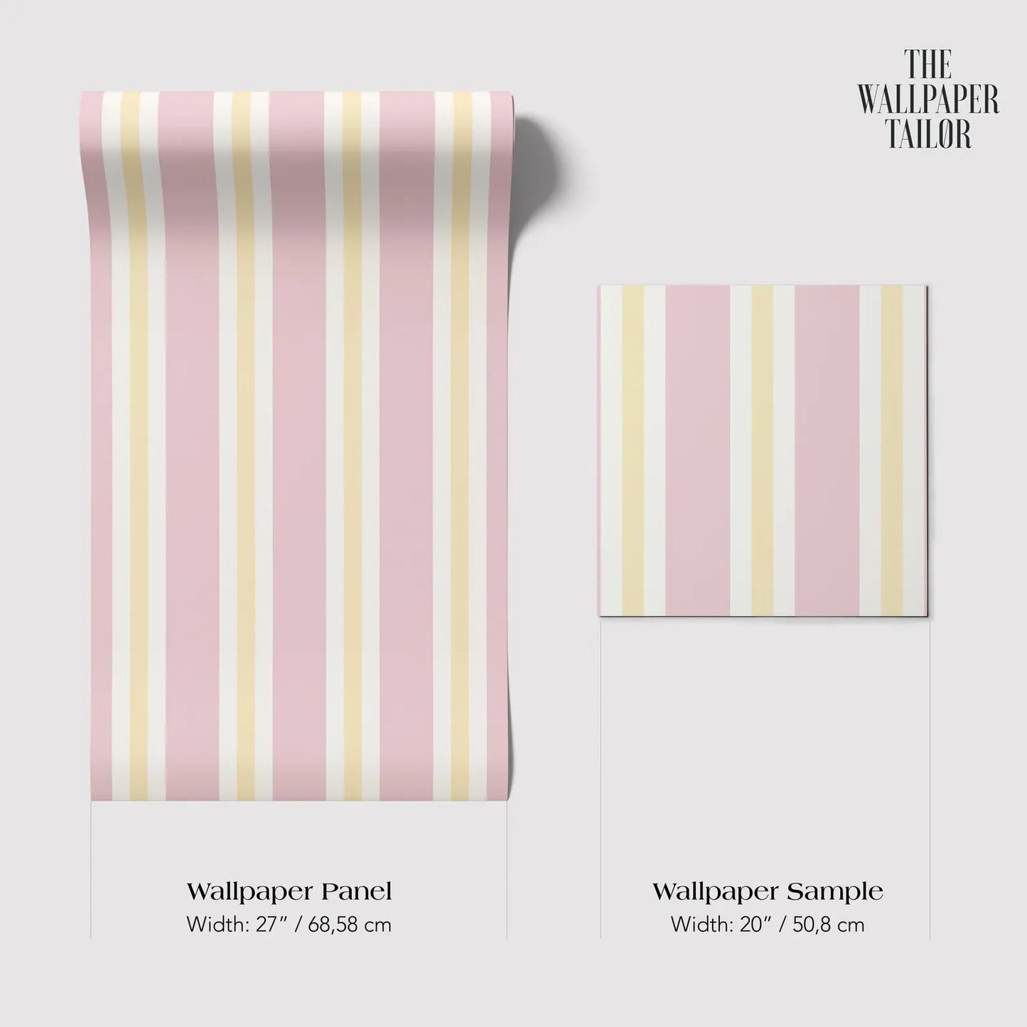two different sizes of a pink and yellow striped wallpaper panel and a smaller square wallpaper sample. The text provides the widths of each item in centimeters.