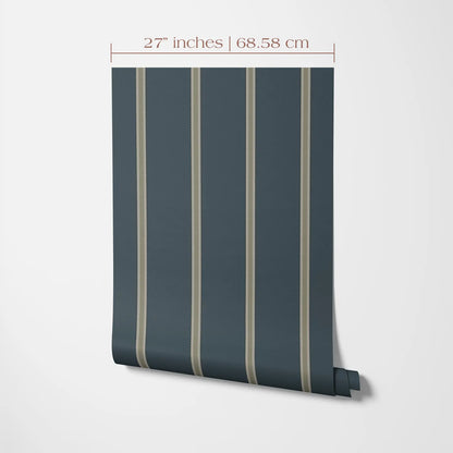 a roll of wallpaper with a striped pattern, measuring 27 inches in width and 68.58 cm in height.