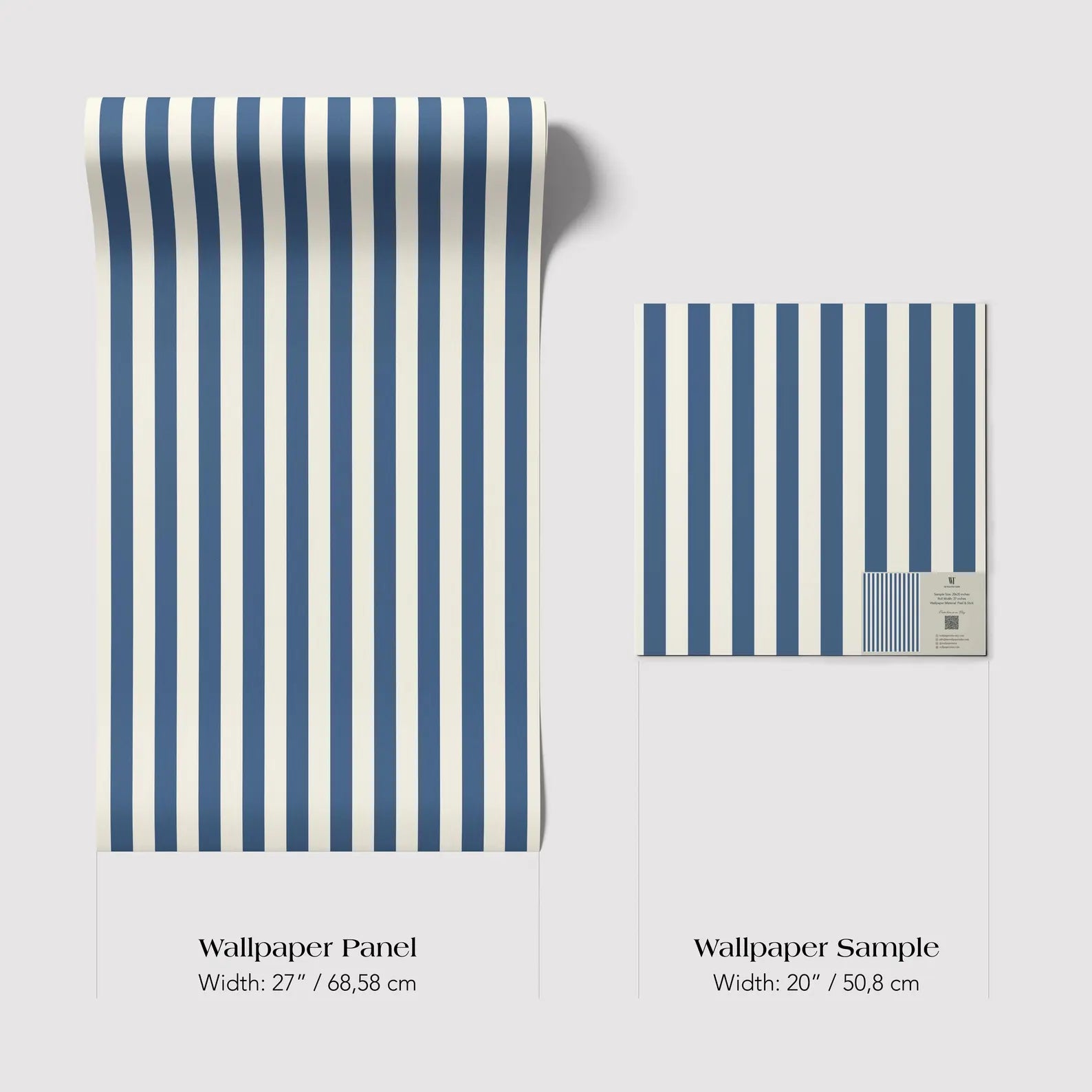 two different sizes of blue and white striped wallpaper panels, with the text providing the dimensions of each panel.