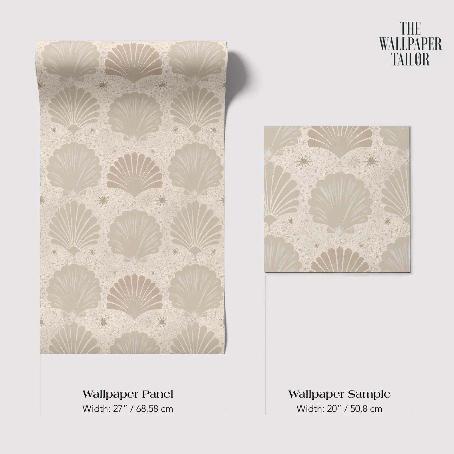 two wallpaper panels and a wallpaper sample, all featuring a repeating pattern of seashells and stars.