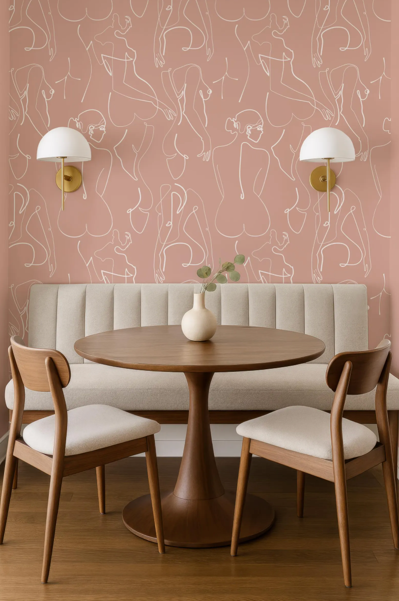a modern dining area with a round wooden table, two white chairs, and a beige sofa. The walls are adorned with a pink and white abstract wallpaper pattern.