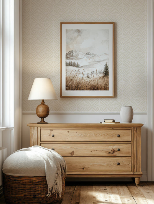 a bedroom with a dresser and a painting on the wall