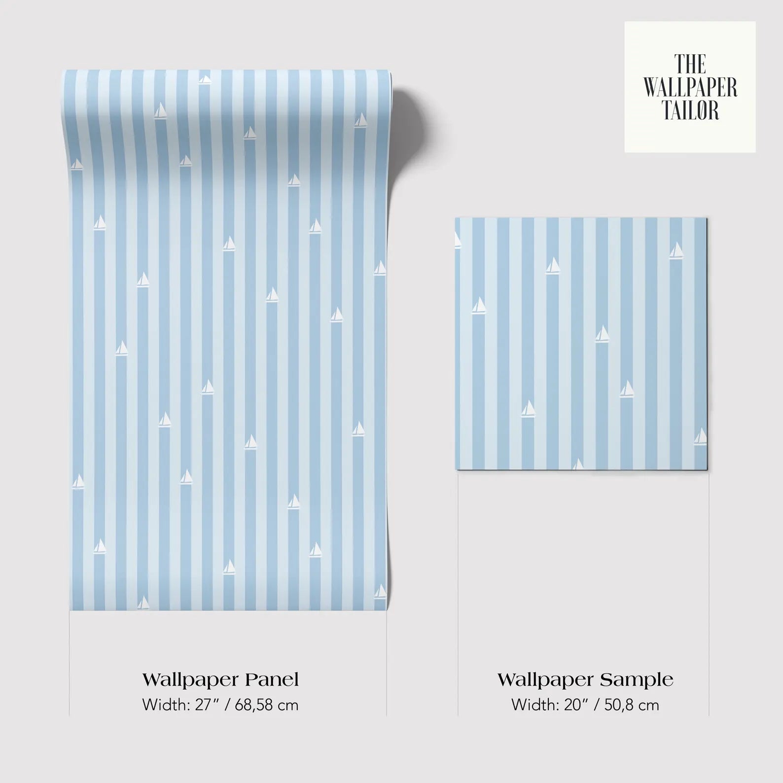 two different sizes of a blue and white striped wallpaper panel and a smaller square wallpaper sample. The text provides the dimensions of each item in centimeters.
