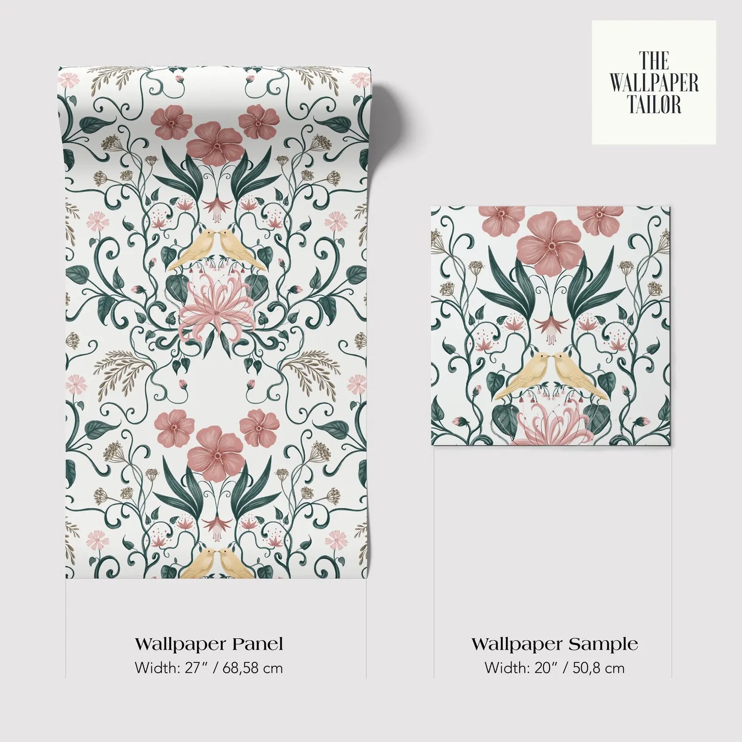 a wallpaper panel and a wallpaper sample with a floral pattern. The wallpaper panel is described as having a width of 27/68" x 68/58" cm, while the wallpaper sample is described as having a width of 20" x 50" cm.