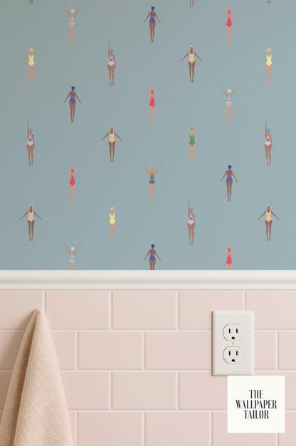 a wallpapered wall with a repeating pattern of stylized swimming figures in various colors and poses.