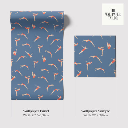 two different wallpaper samples with a repeating pattern of orange and white figures resembling a swimming pool or a group of people. The text provides the dimensions of the wallpaper samples in centimeters.