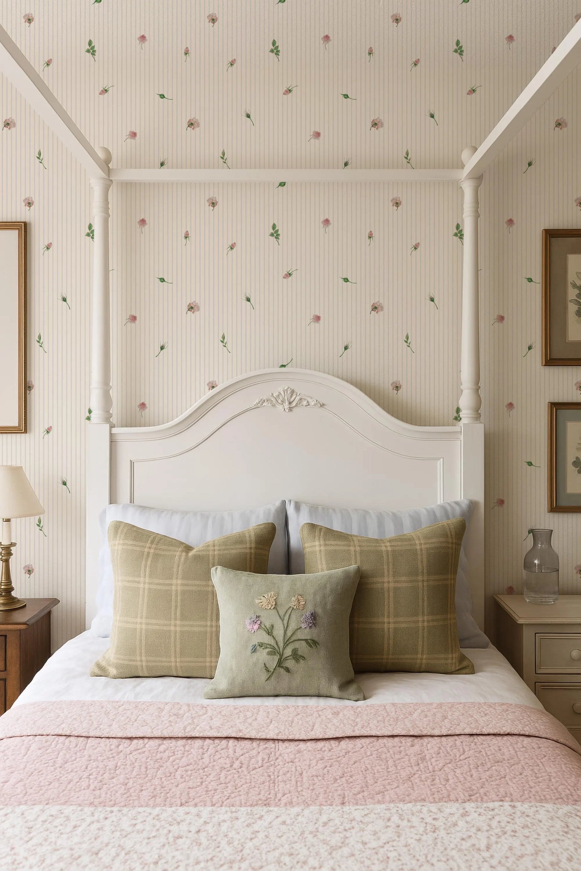 a cozy bedroom with a white four-poster bed, a floral wallpaper, and a pink and white bedspread.