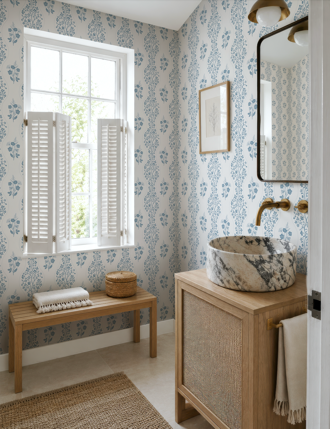 a bathroom with a marble sink, a wooden vanity, and a window with white shutters. The walls are covered in a blue and white floral wallpaper, and there is a mirror above the sink.