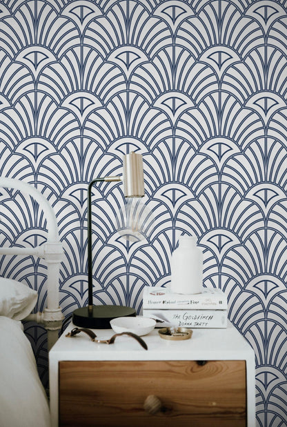 White & Blue Art Deco Wallpaper