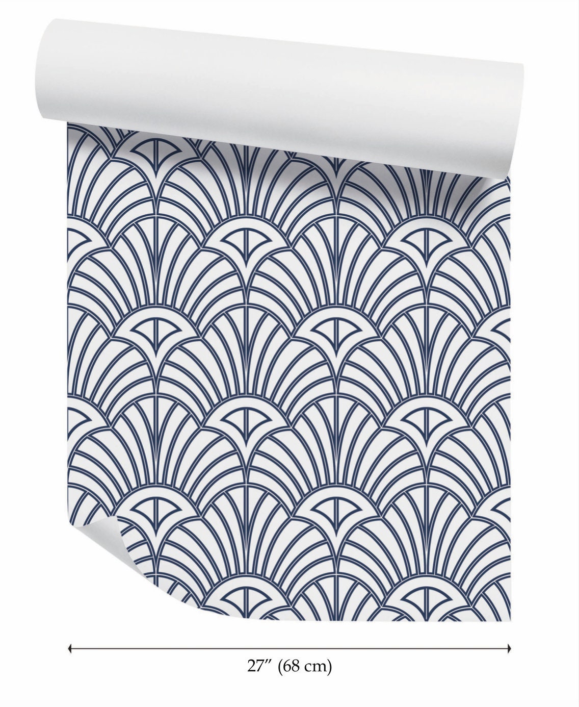 a blue and white wallpaper with an art deco design