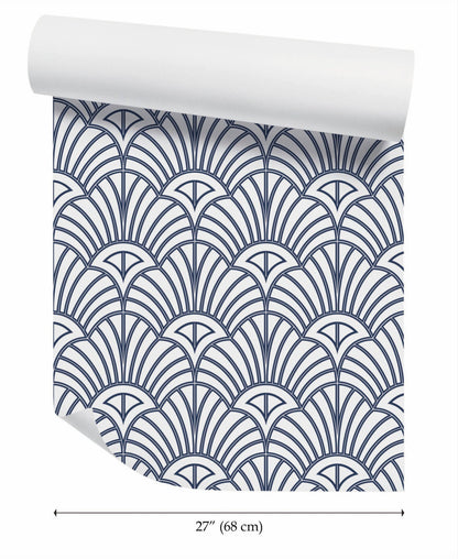 a blue and white wallpaper with an art deco design