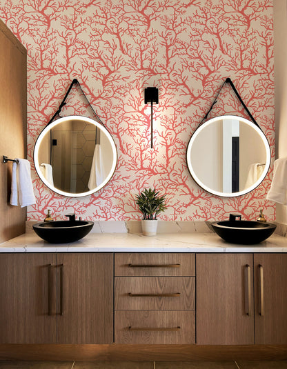 a bathroom with two sinks and a large mirror