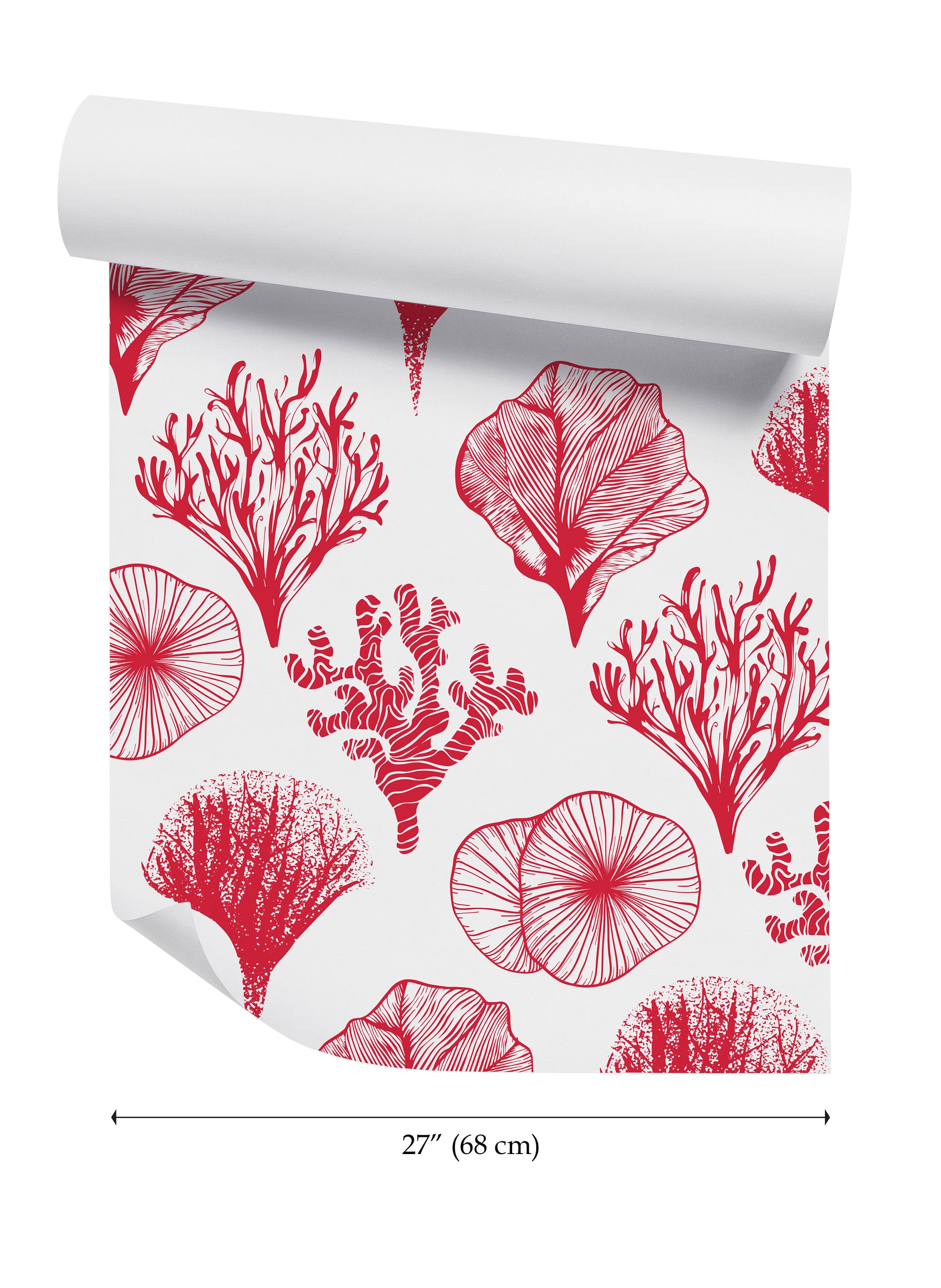 a red and white wallpaper with corals on it