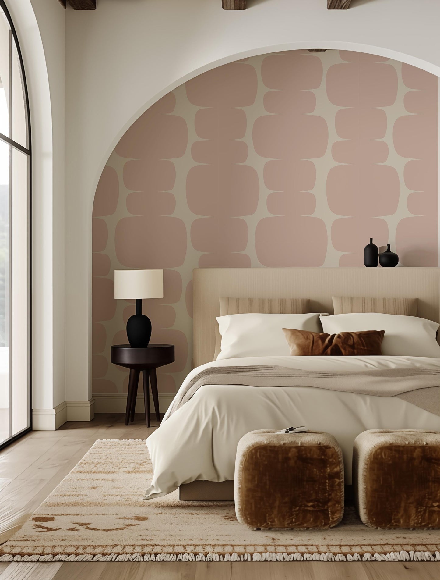 a bedroom with a large bed and a large window