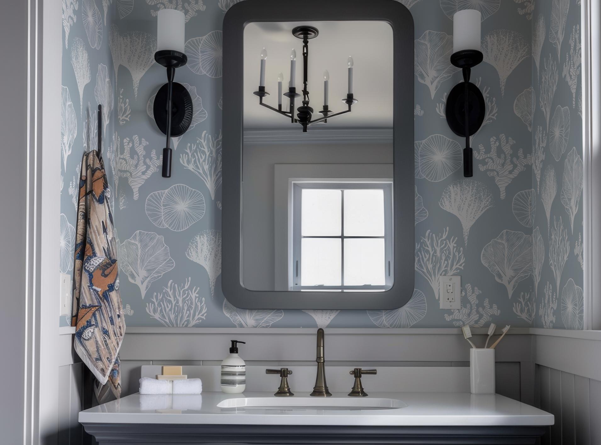 a bathroom sink with a large mirror above it