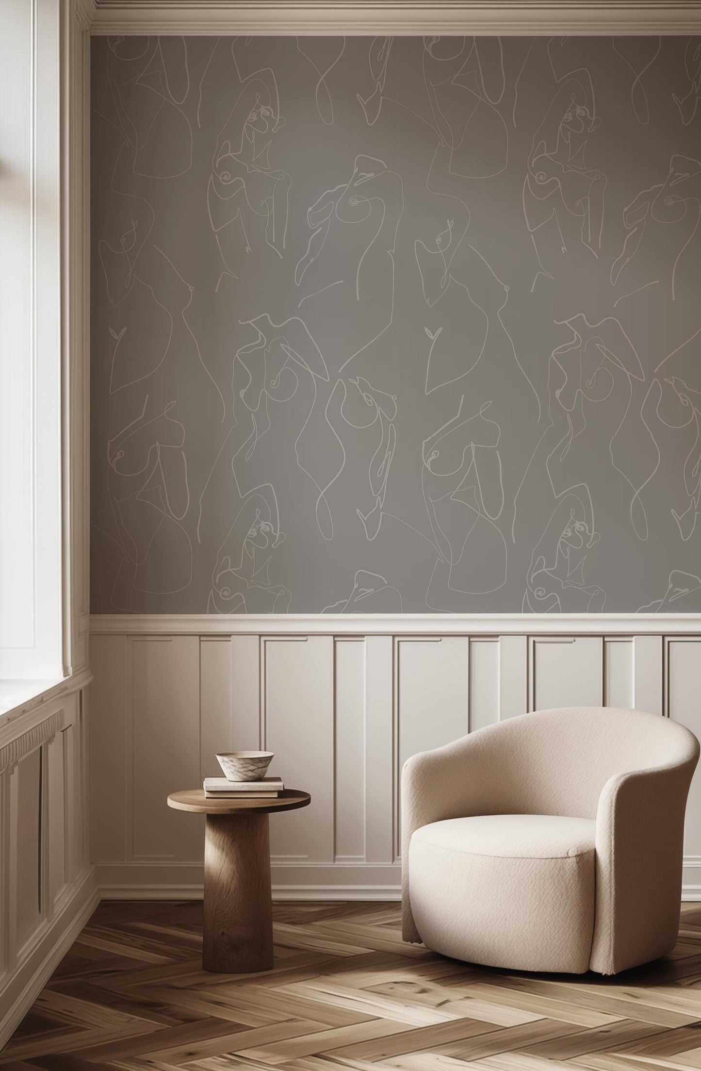 a gold lamp sitting on top of a white cabinet