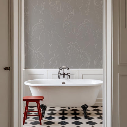 Wallpaper with female body line in a bathroom with a white tub