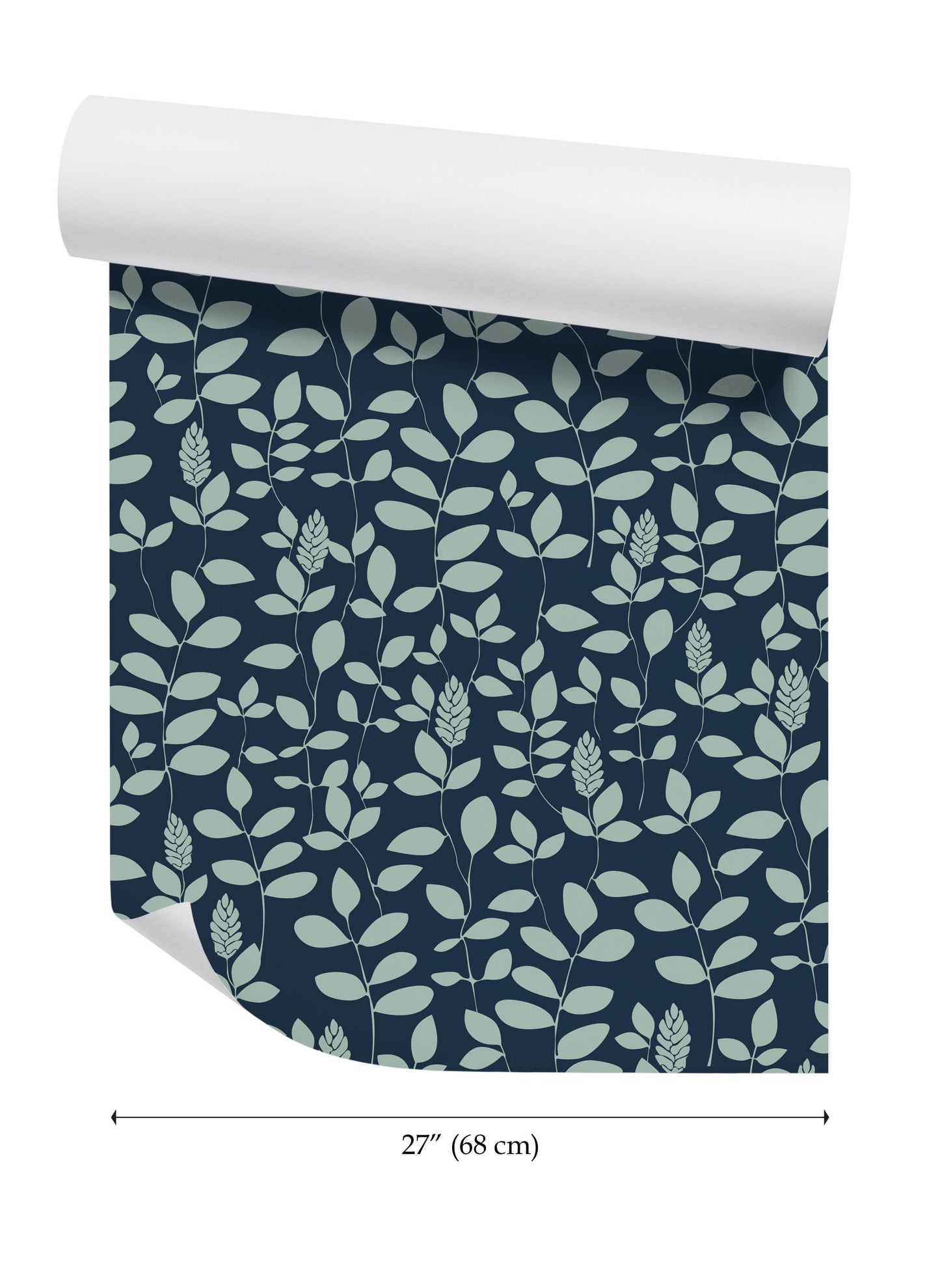 a blue and white wallpaper with leaves on it