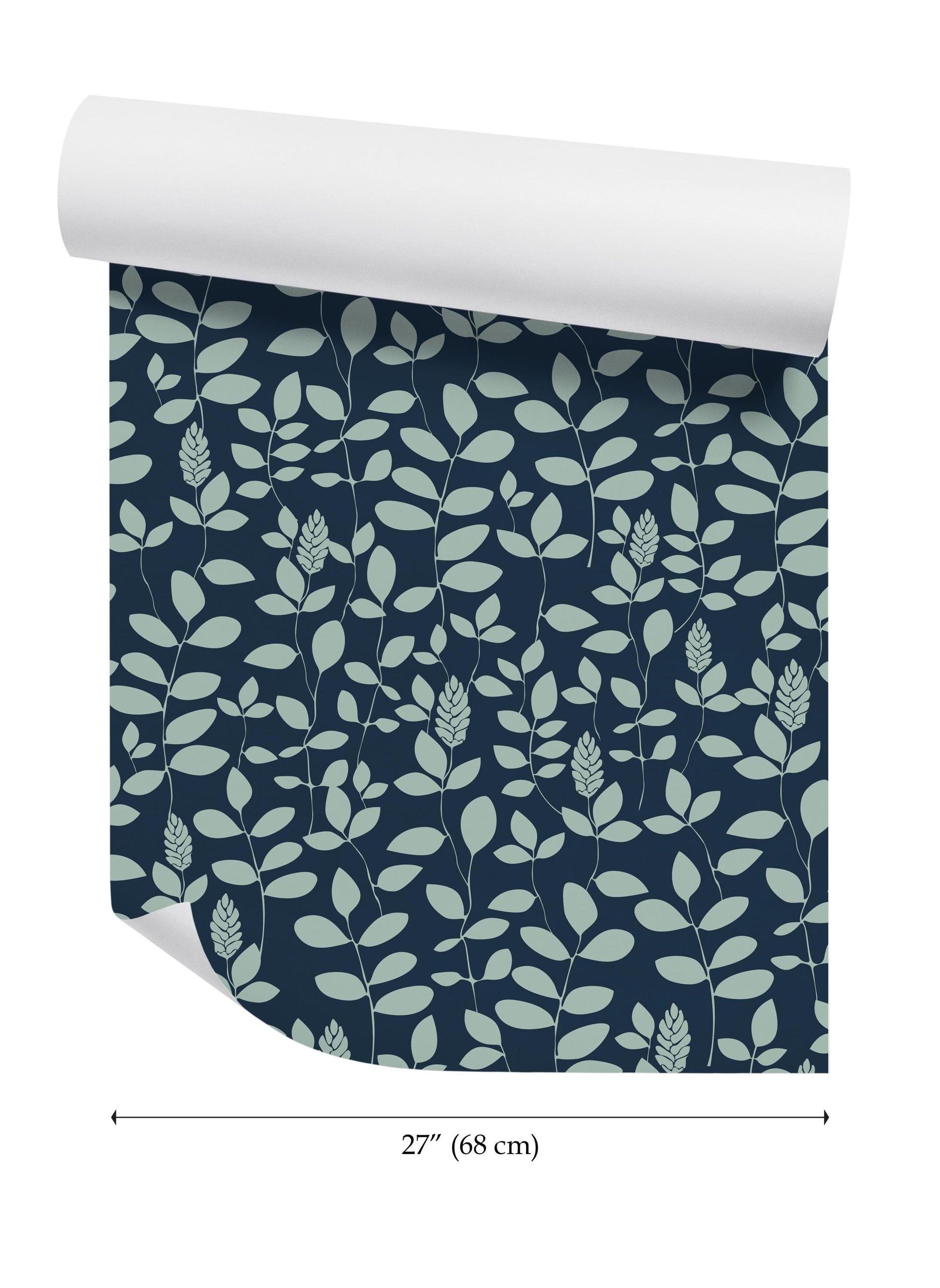 a blue and white wallpaper with leaves on it