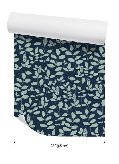 a blue and white wallpaper with leaves on it