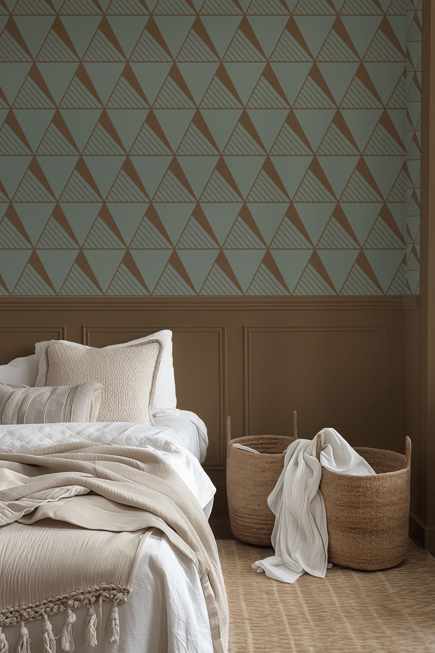 a bedroom with a bed and a basket on the floor