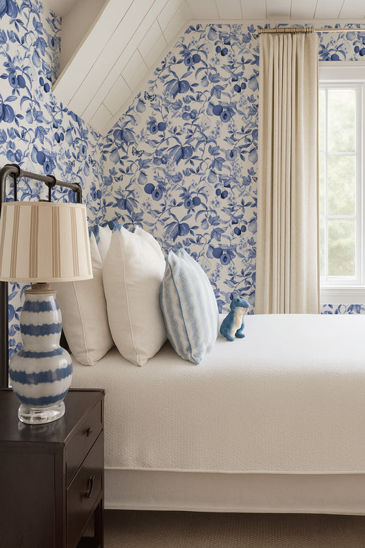 Blue Toile Apricot Wallpaper